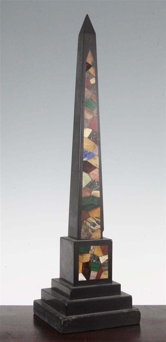 A 19th century black slate and specimen marble obelisk, 17.5in.